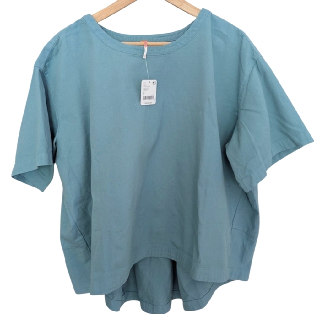 FREE PEOPLE Dusty Blue Oversized Lagenlook Short Sleeve Top 100% Cotton Small